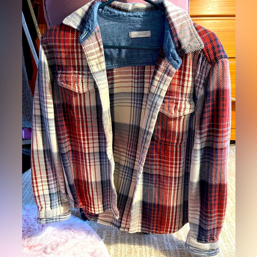 Outerknown Cloud Weave Shirt Jacket- XS/S- flannel pattern red, white, and blue!